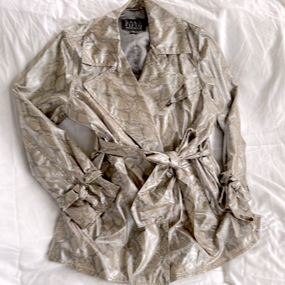 SAKS FIFTH AVENUE Python Short Trench Coat. Metallic taupe and gray. Size XL.
